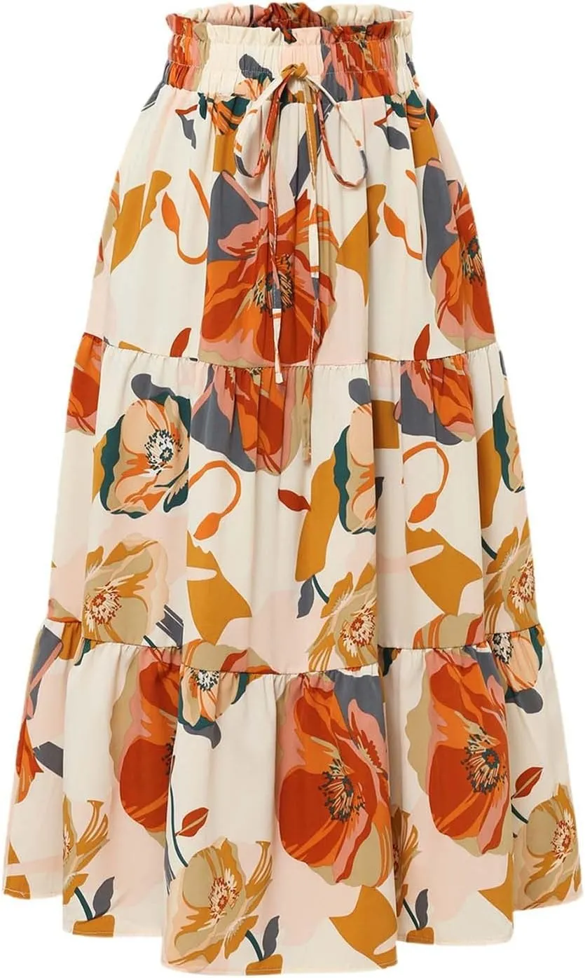 Floral Midi Skirt for Women Summer Boho Flowy Long Skirt Elastic High Waist Vacation A-Line Skirts with Drawstring
