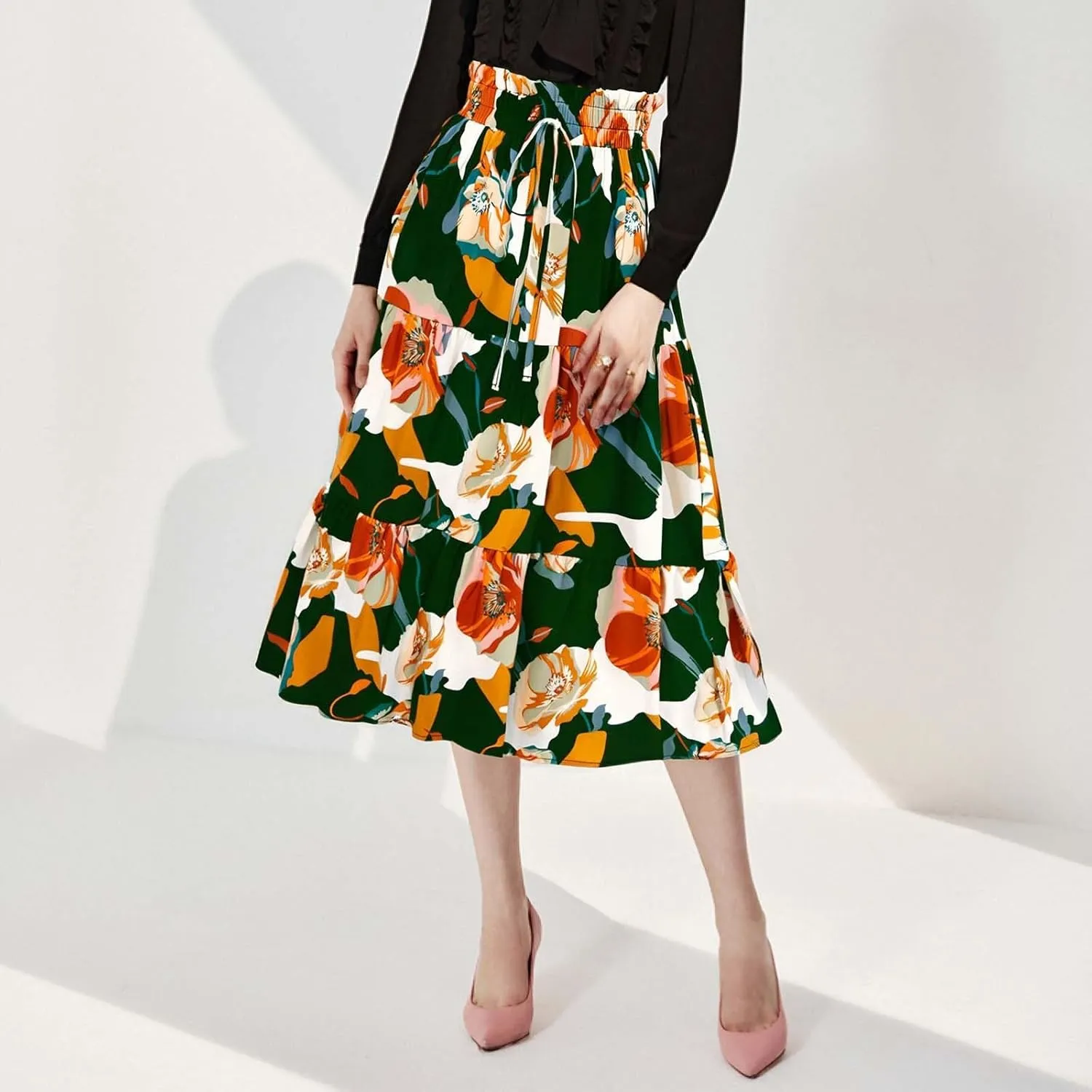 Floral Midi Skirt for Women Summer Boho Flowy Long Skirt Elastic High Waist Vacation A-Line Skirts with Drawstring