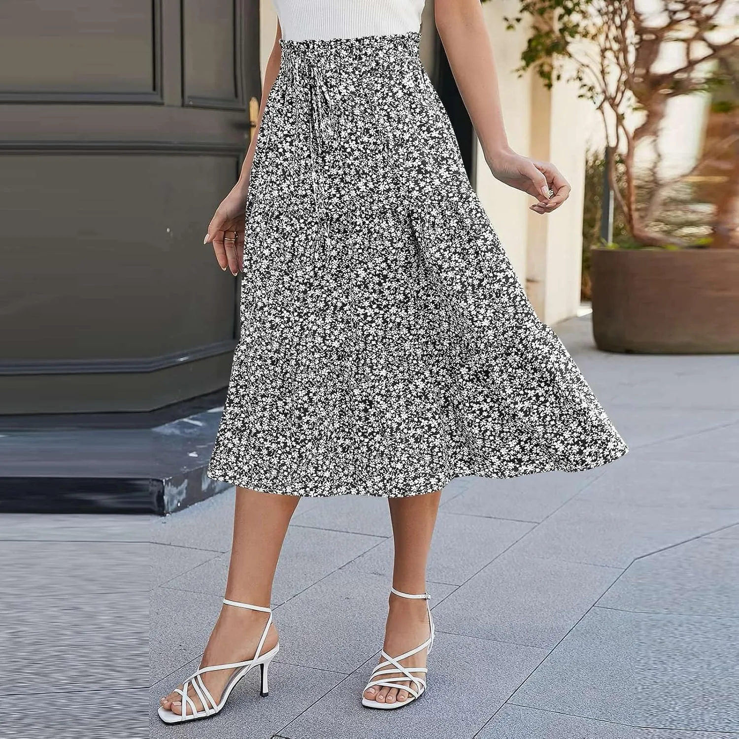 Floral Midi Skirts for Women Summer Flowy Tiered Skirt Drawstring Summer Knee Length A Line Skirts with Pockets
