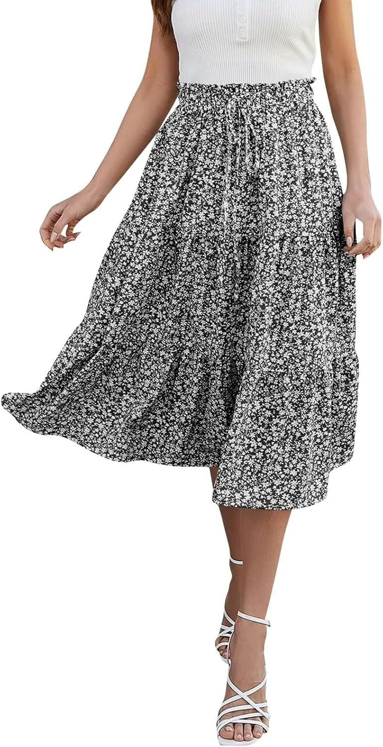 Floral Midi Skirts for Women Summer Flowy Tiered Skirt Drawstring Summer Knee Length A Line Skirts with Pockets