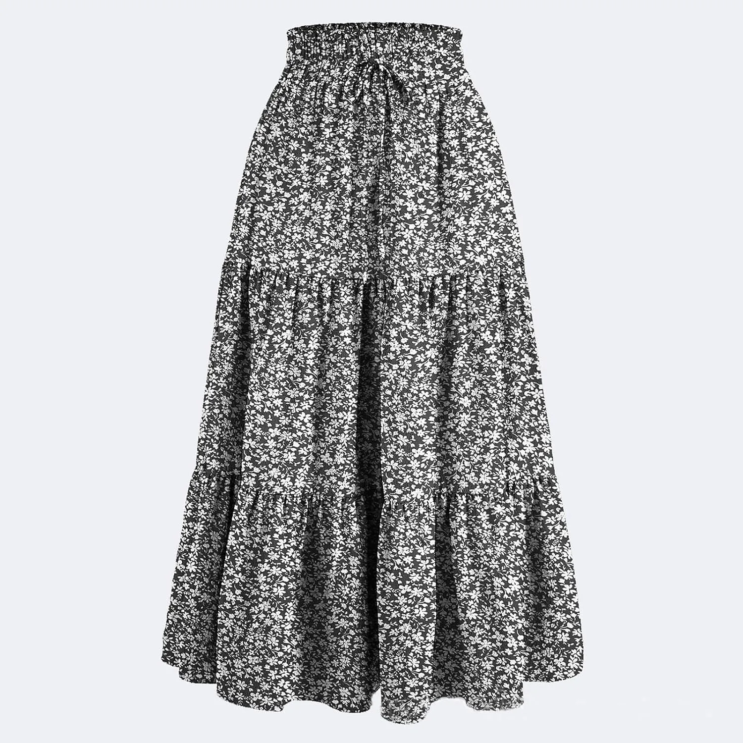 Floral Midi Skirts for Women Summer Flowy Tiered Skirt Drawstring Summer Knee Length A Line Skirts with Pockets