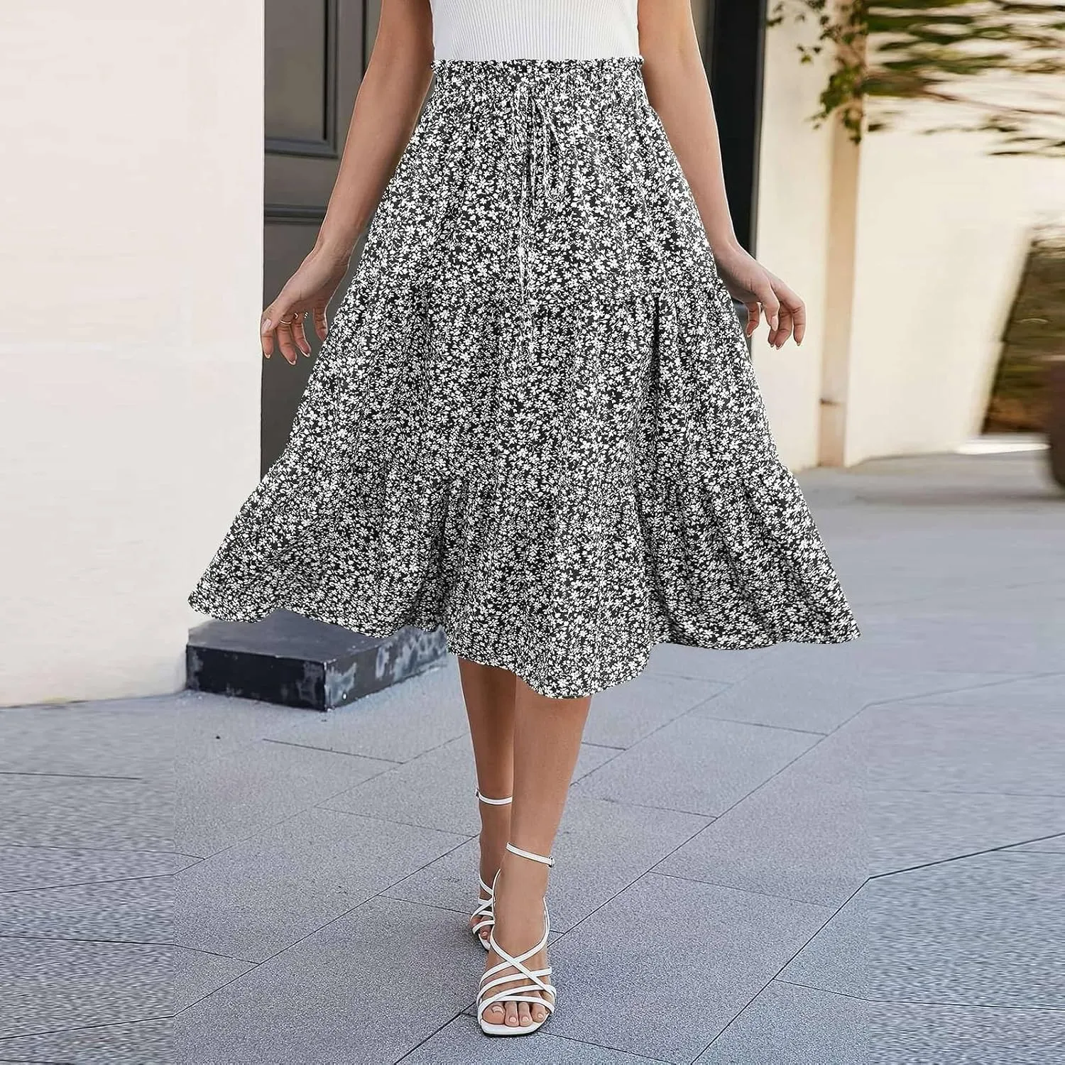 Floral Midi Skirts for Women Summer Flowy Tiered Skirt Drawstring Summer Knee Length A Line Skirts with Pockets