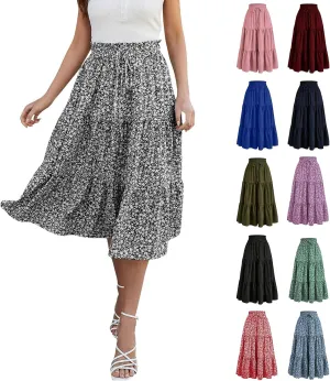 Floral Midi Skirts for Women Summer Flowy Tiered Skirt Drawstring Summer Knee Length A Line Skirts with Pockets