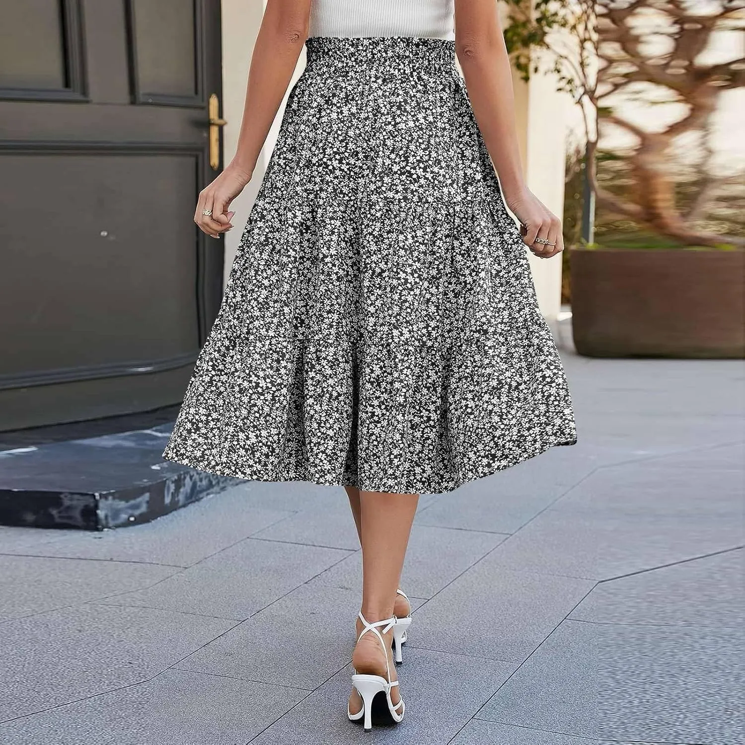 Floral Midi Skirts for Women Summer Flowy Tiered Skirt Drawstring Summer Knee Length A Line Skirts with Pockets