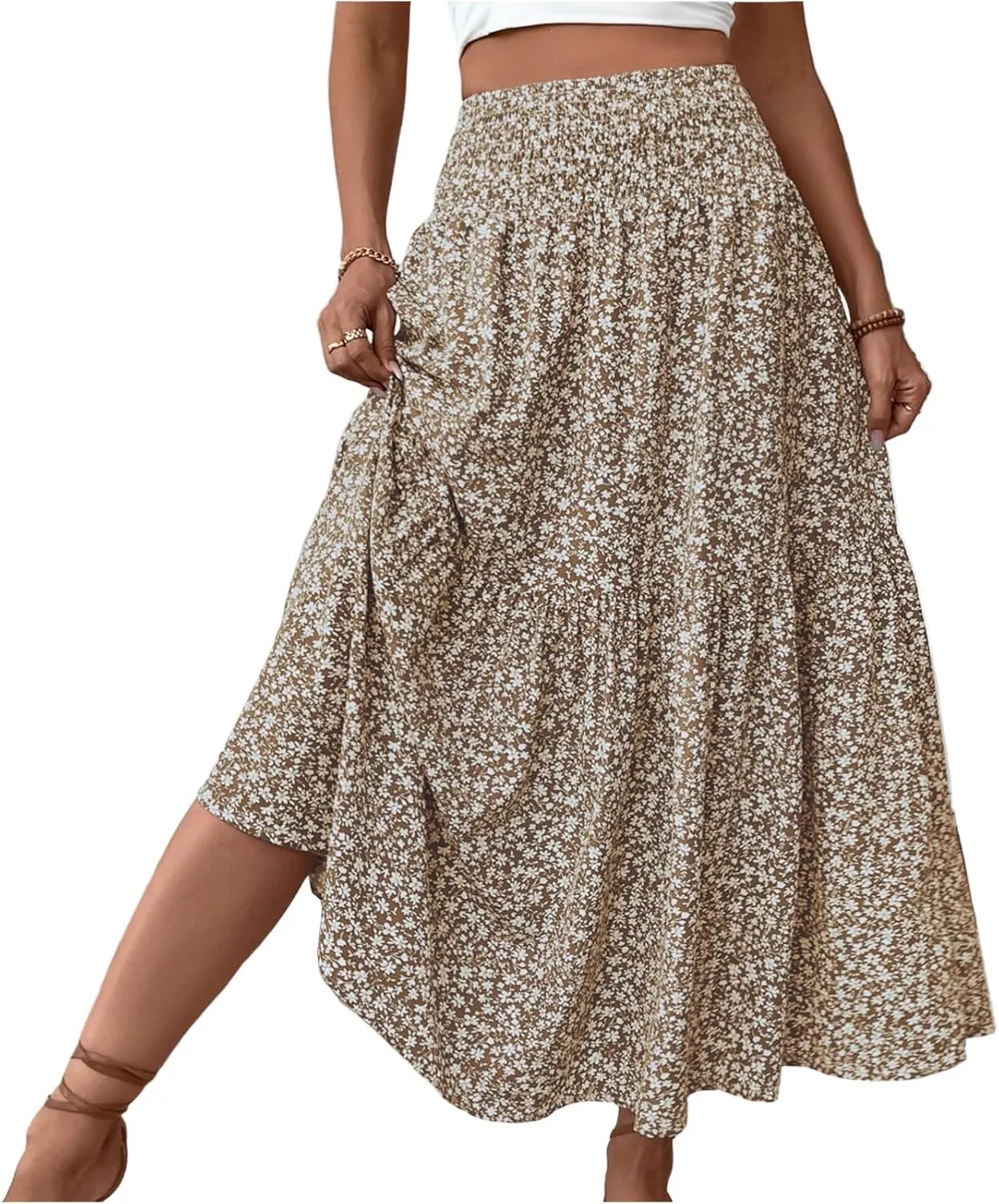 Floral Skirts for Women 2025 Spring Summer Trendy Elastic Waist Maxi Skirts Flowy Bohemian Ruffle Skirt with Pockets