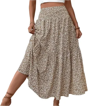 Floral Skirts for Women 2025 Spring Summer Trendy Elastic Waist Maxi Skirts Flowy Bohemian Ruffle Skirt with Pockets