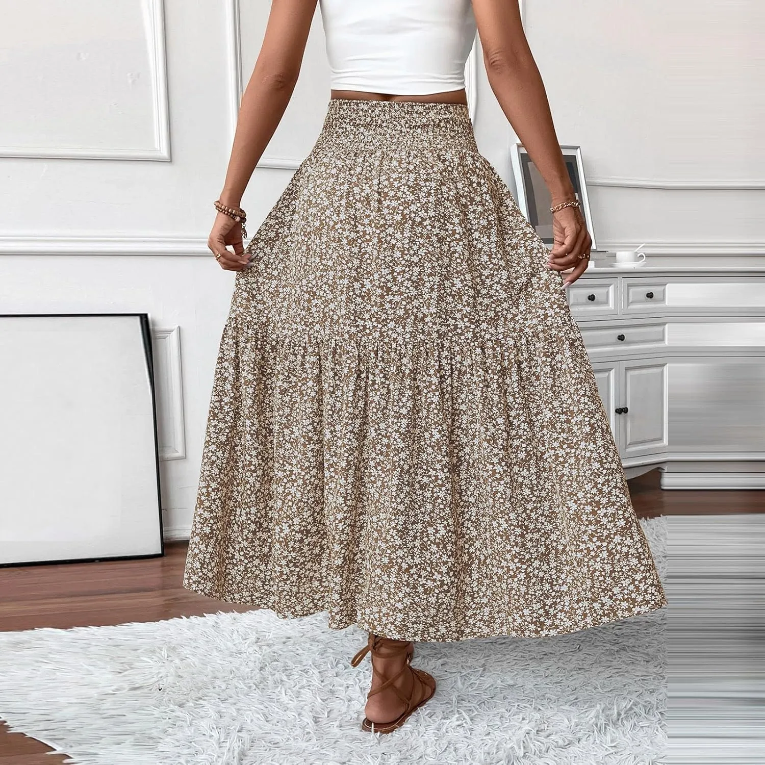 Floral Skirts for Women 2025 Spring Summer Trendy Elastic Waist Maxi Skirts Flowy Bohemian Ruffle Skirt with Pockets