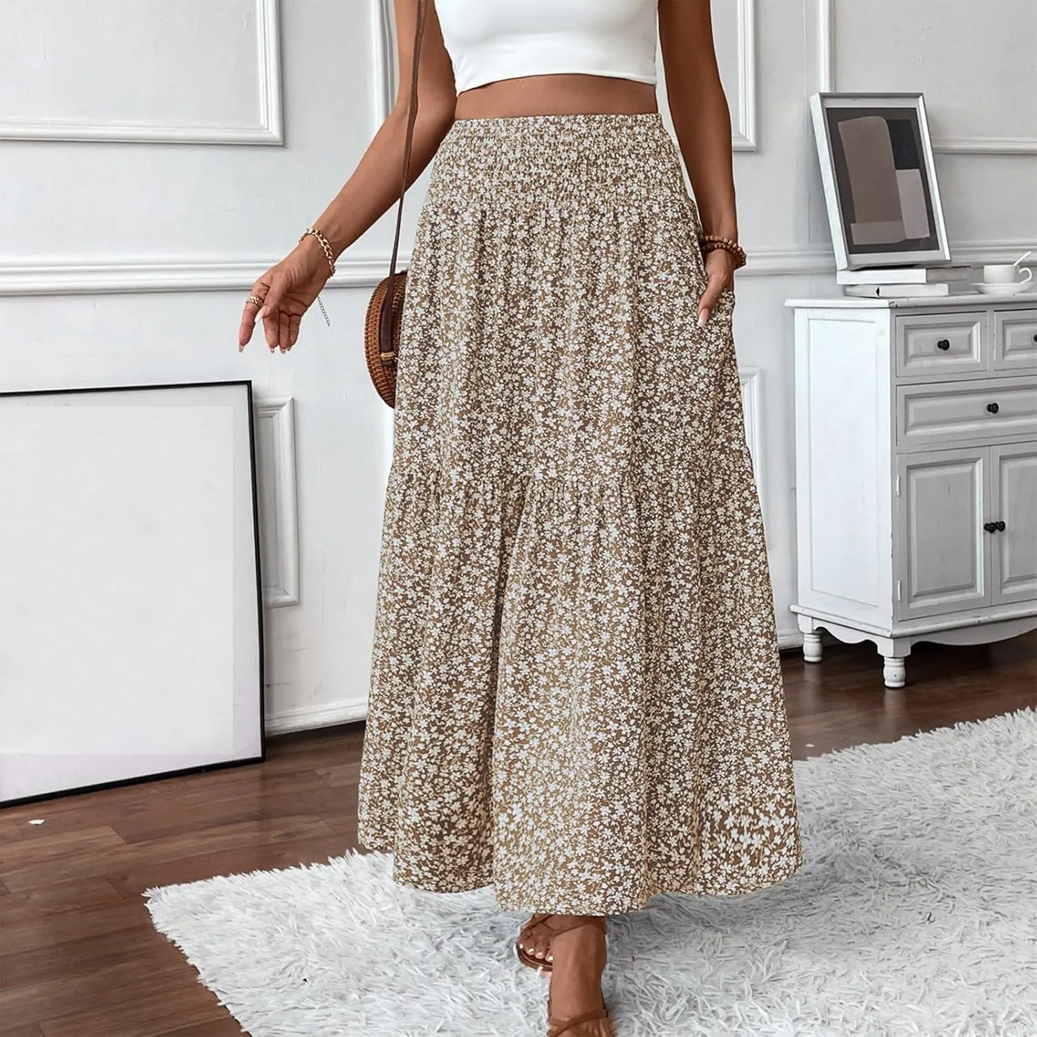 Floral Skirts for Women 2025 Spring Summer Trendy Elastic Waist Maxi Skirts Flowy Bohemian Ruffle Skirt with Pockets