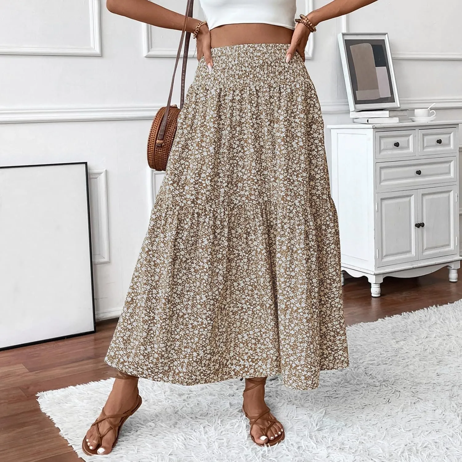 Floral Skirts for Women 2025 Spring Summer Trendy Elastic Waist Maxi Skirts Flowy Bohemian Ruffle Skirt with Pockets