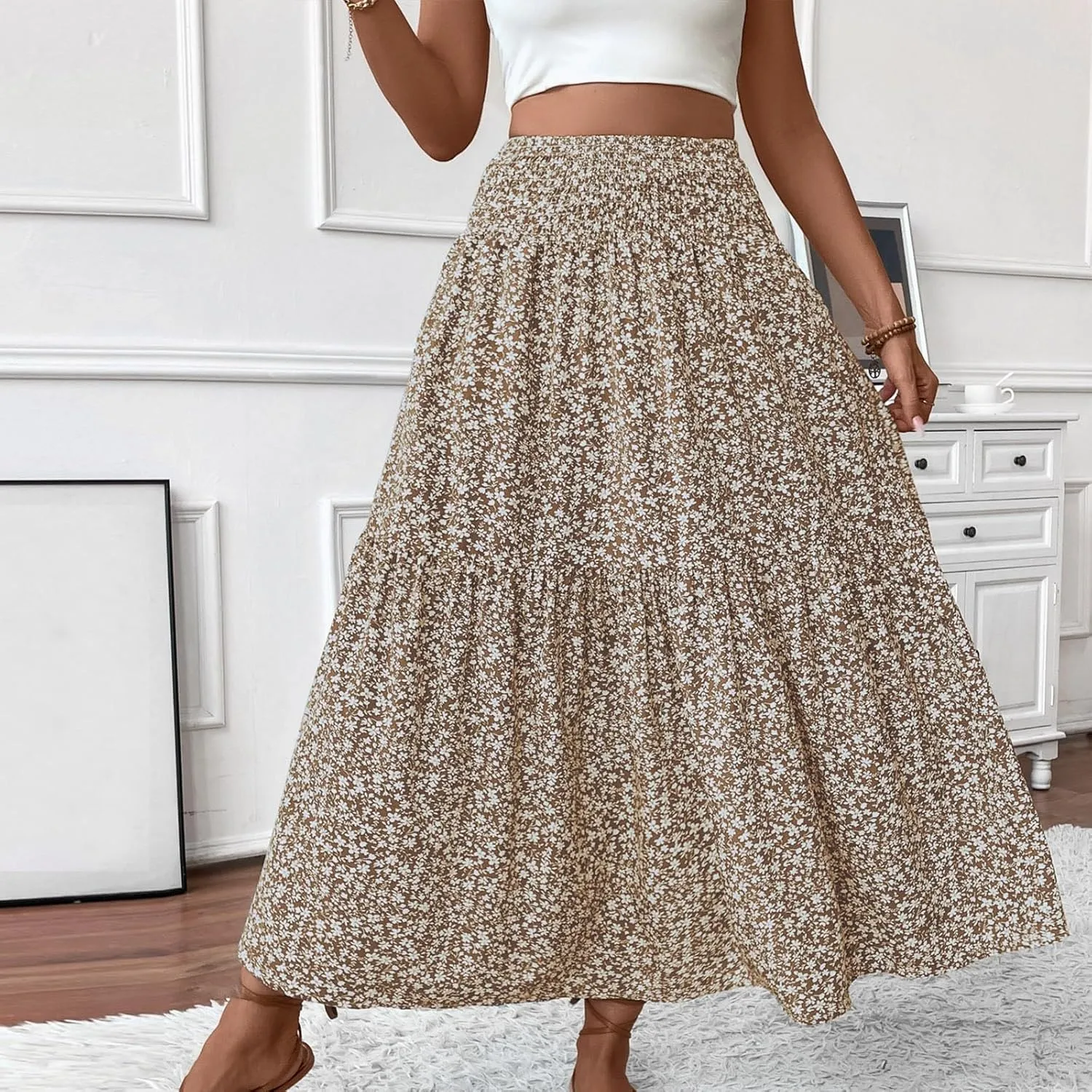 Floral Skirts for Women 2025 Spring Summer Trendy Elastic Waist Maxi Skirts Flowy Bohemian Ruffle Skirt with Pockets