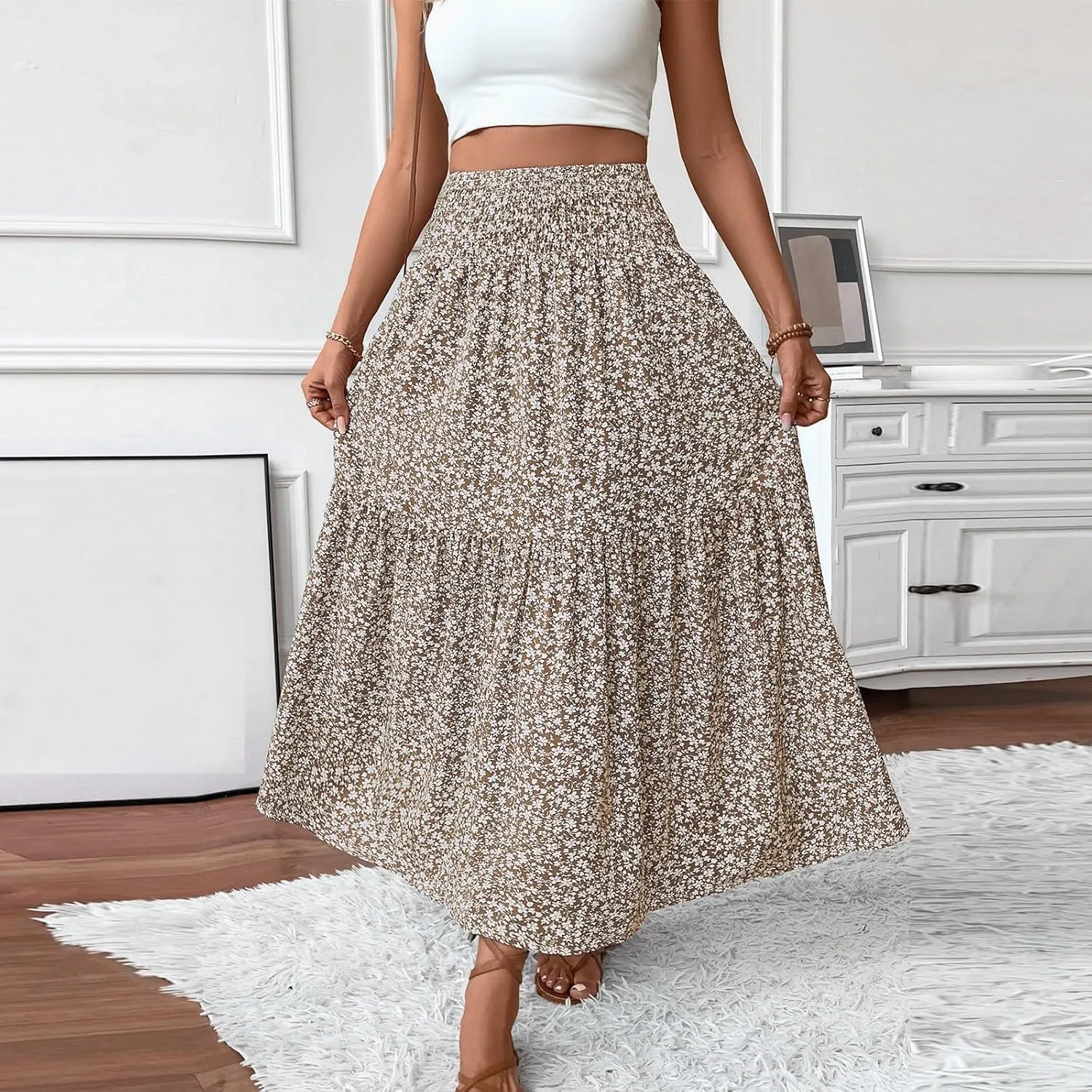 Floral Skirts for Women 2025 Spring Summer Trendy Elastic Waist Maxi Skirts Flowy Bohemian Ruffle Skirt with Pockets