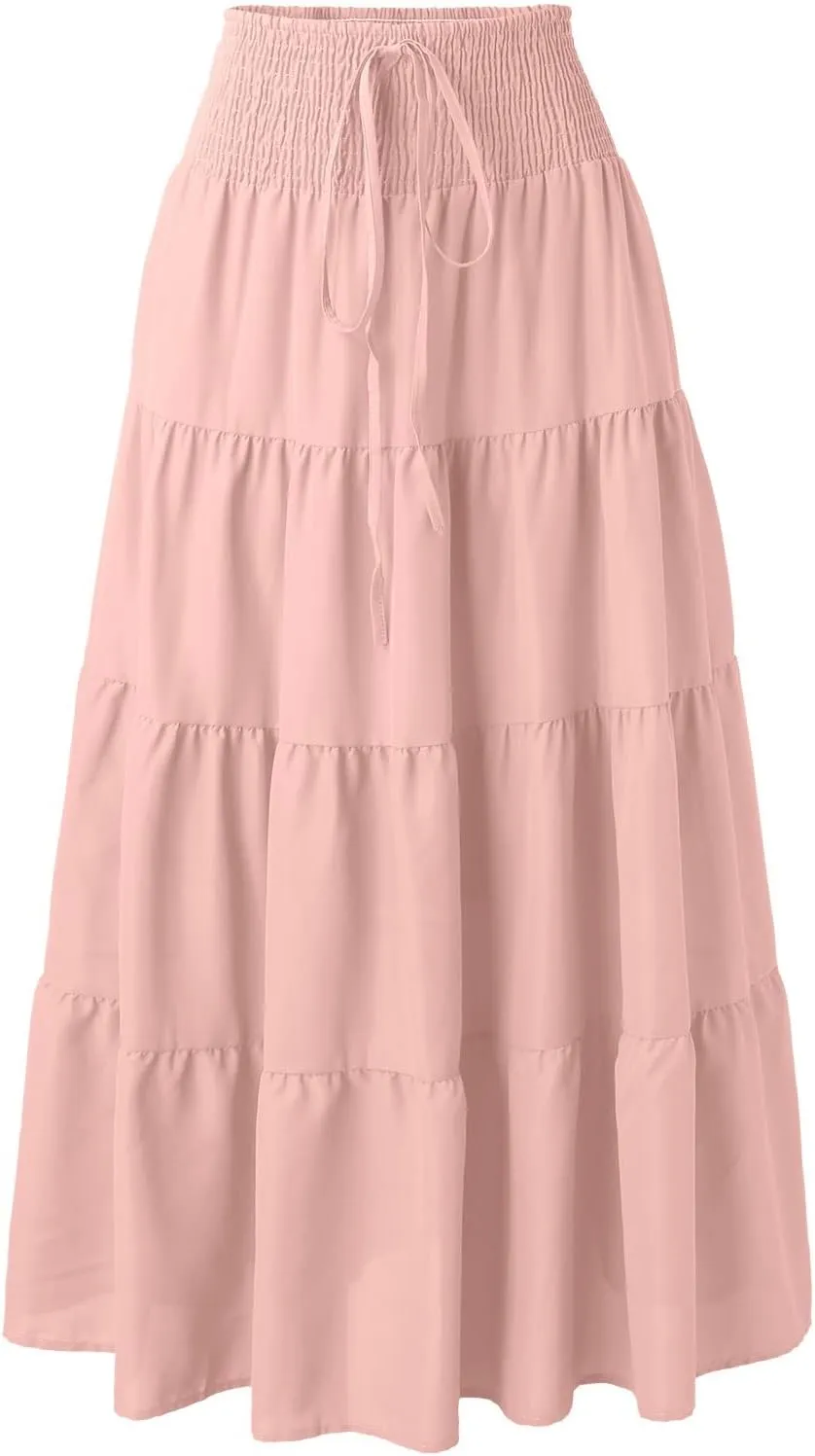 Flowy Maxi Skirt for Women Elastic High Waist Boho Pleated Long Skirts Summer Beach Tiered A-Line Skirts 2025 Trendy