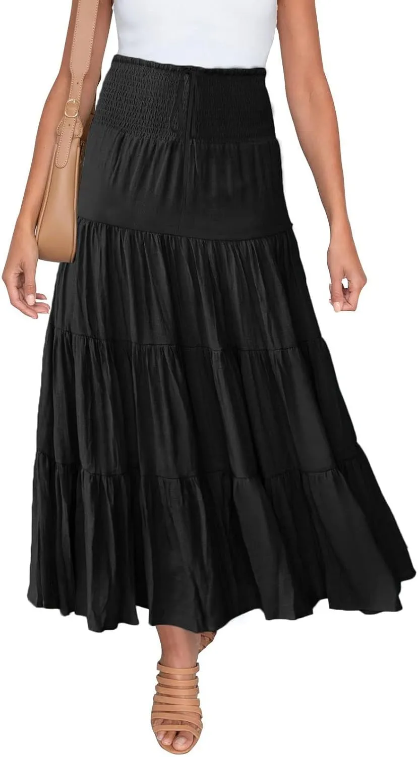 Flowy Maxi Skirt for Women Elastic High Waist Boho Pleated Long Skirts Summer Beach Tiered A-Line Skirts 2025 Trendy