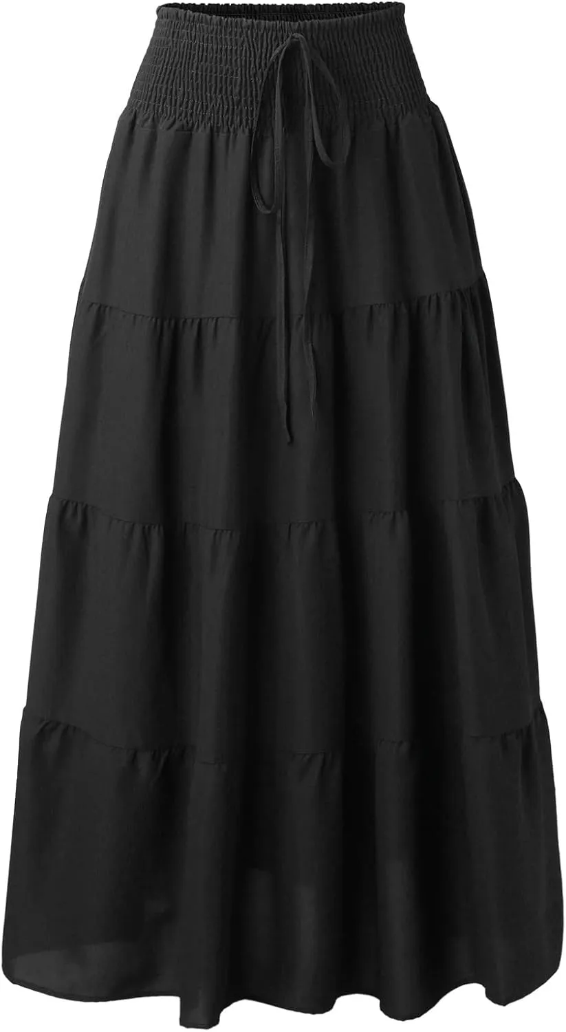 Flowy Maxi Skirt for Women Elastic High Waist Boho Pleated Long Skirts Summer Beach Tiered A-Line Skirts 2025 Trendy