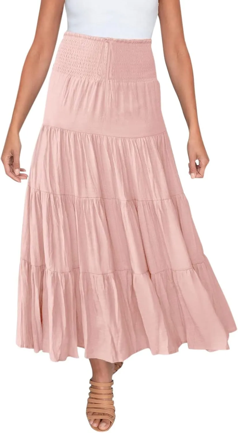 Flowy Maxi Skirt for Women Elastic High Waist Boho Pleated Long Skirts Summer Beach Tiered A-Line Skirts 2025 Trendy