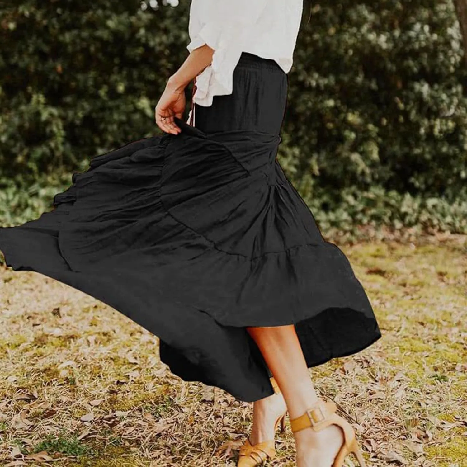 Flowy Maxi Skirt for Women Elastic High Waist Boho Pleated Long Skirts Summer Beach Tiered A-Line Skirts 2025 Trendy