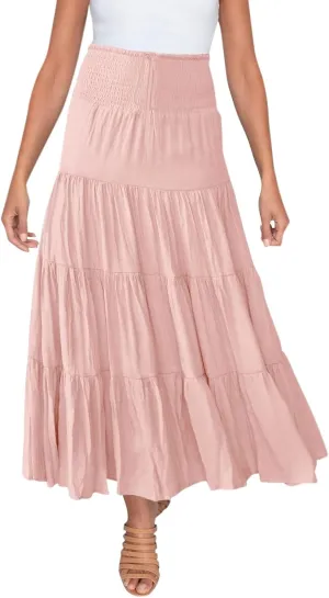 Flowy Maxi Skirt for Women Elastic High Waist Boho Pleated Long Skirts Summer Beach Tiered A-Line Skirts 2025 Trendy