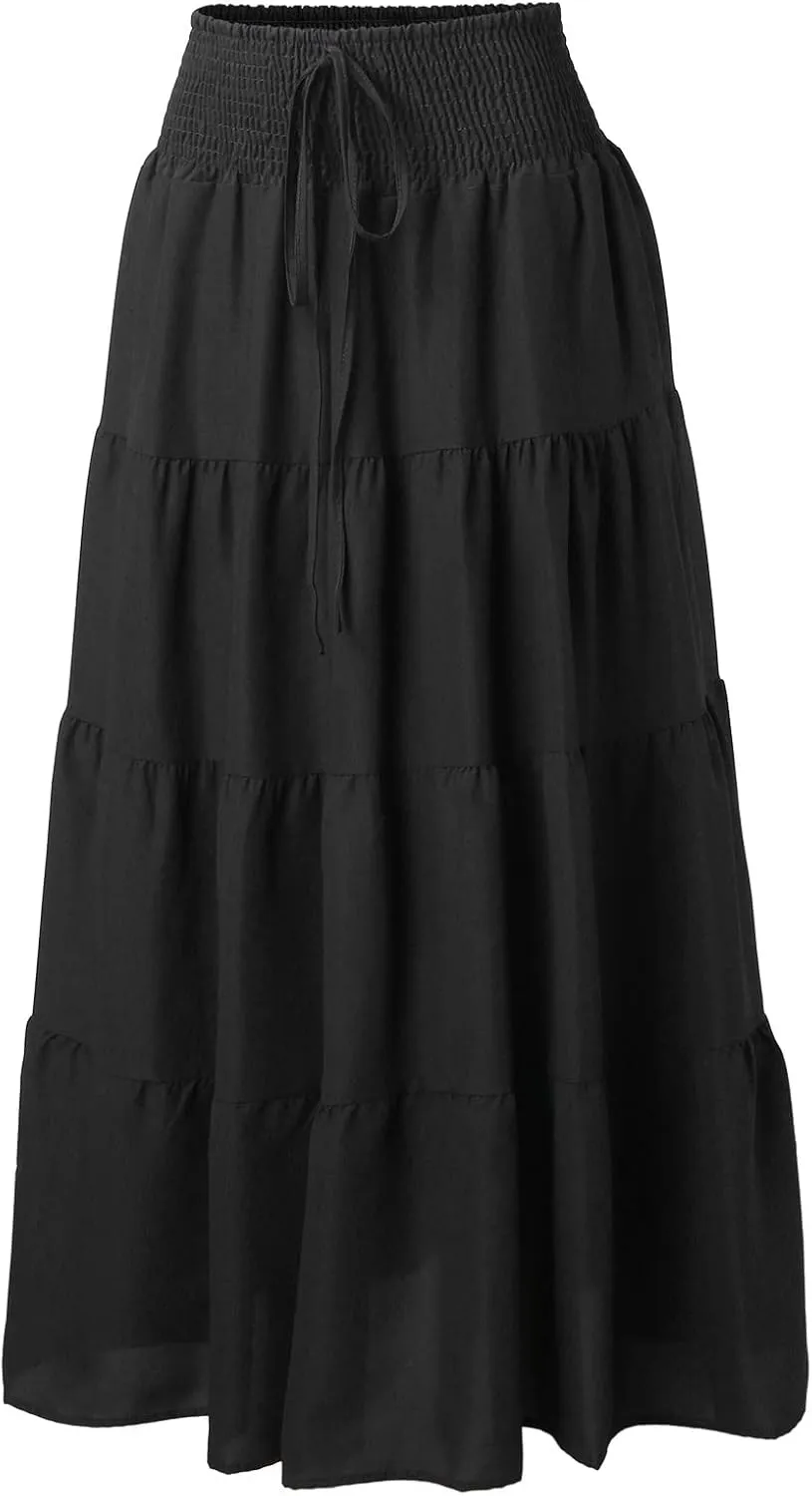 Flowy Maxi Skirt for Women Elastic High Waist Boho Pleated Long Skirts Summer Beach Tiered A-Line Skirts 2025 Trendy