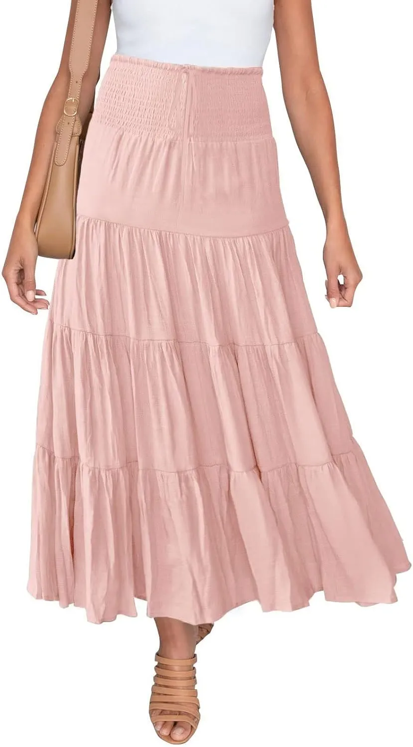 Flowy Maxi Skirt for Women Elastic High Waist Boho Pleated Long Skirts Summer Beach Tiered A-Line Skirts 2025 Trendy