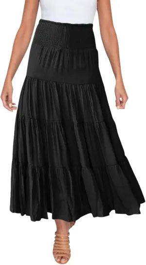Flowy Maxi Skirt for Women Elastic High Waist Boho Pleated Long Skirts Summer Beach Tiered A-Line Skirts 2025 Trendy