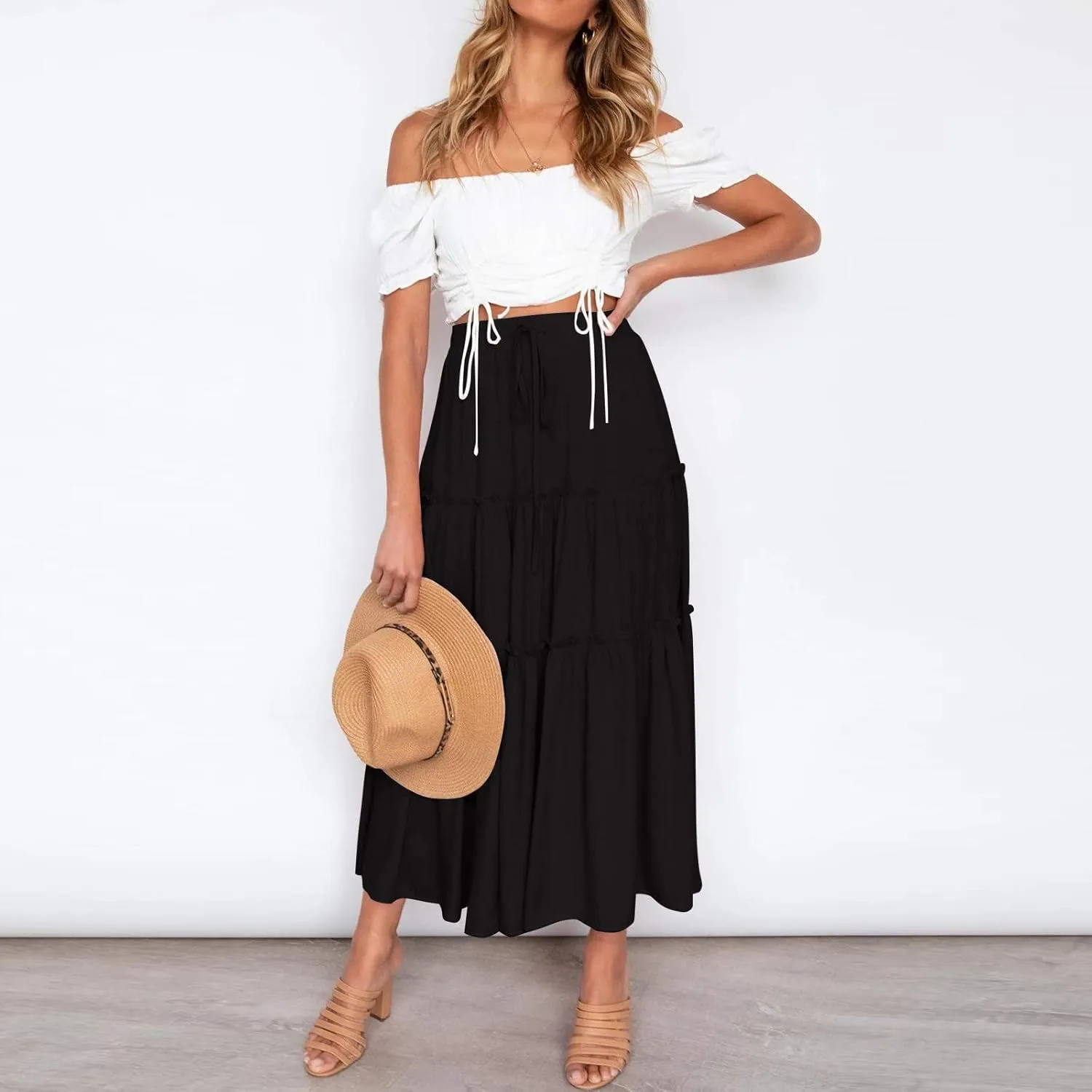 Flowy Maxi Skirt for Women Elastic High Waist Boho Pleated Long Skirts Summer Beach Tiered A-Line Skirts 2025 Trendy
