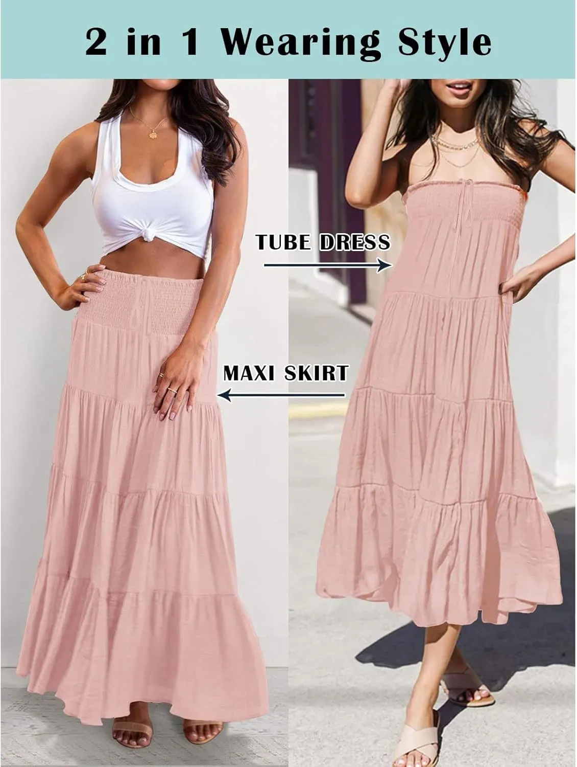 Flowy Maxi Skirt for Women Elastic High Waist Boho Pleated Long Skirts Summer Beach Tiered A-Line Skirts 2025 Trendy