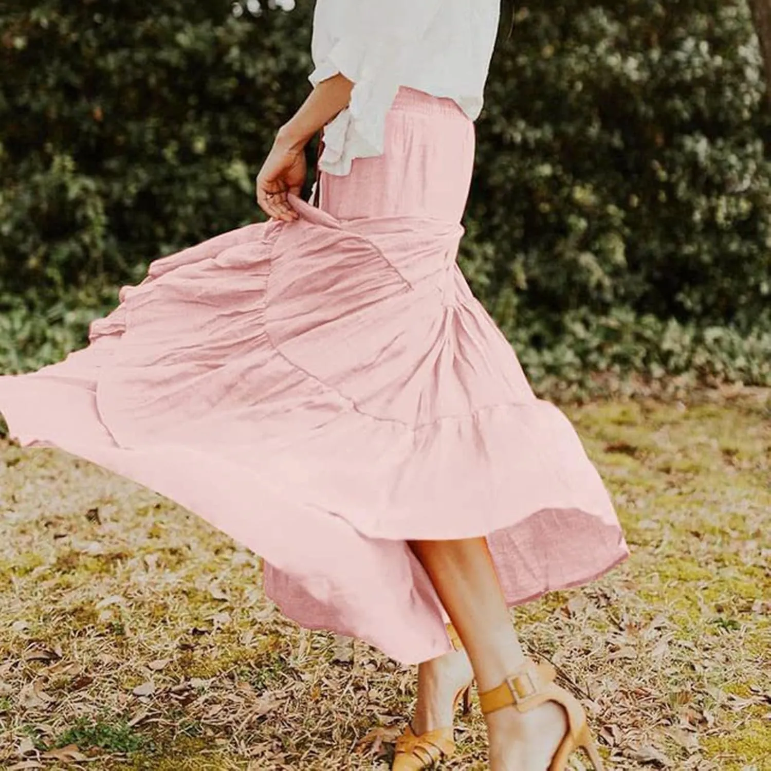 Flowy Maxi Skirt for Women Elastic High Waist Boho Pleated Long Skirts Summer Beach Tiered A-Line Skirts 2025 Trendy