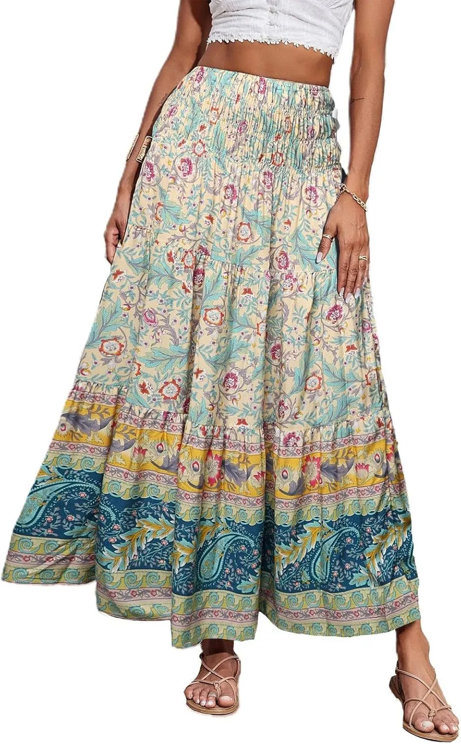 Flowy Maxi Skirts for Women Summer Drawstring Elastic A Line Skirt Business Tiered Pleated Skirt Long