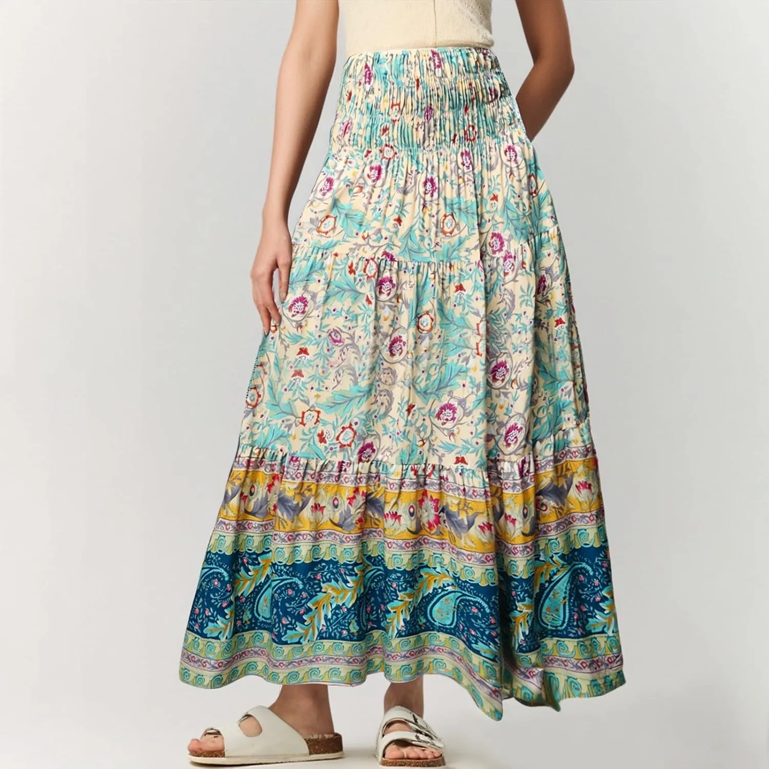 Flowy Maxi Skirts for Women Summer Drawstring Elastic A Line Skirt Business Tiered Pleated Skirt Long