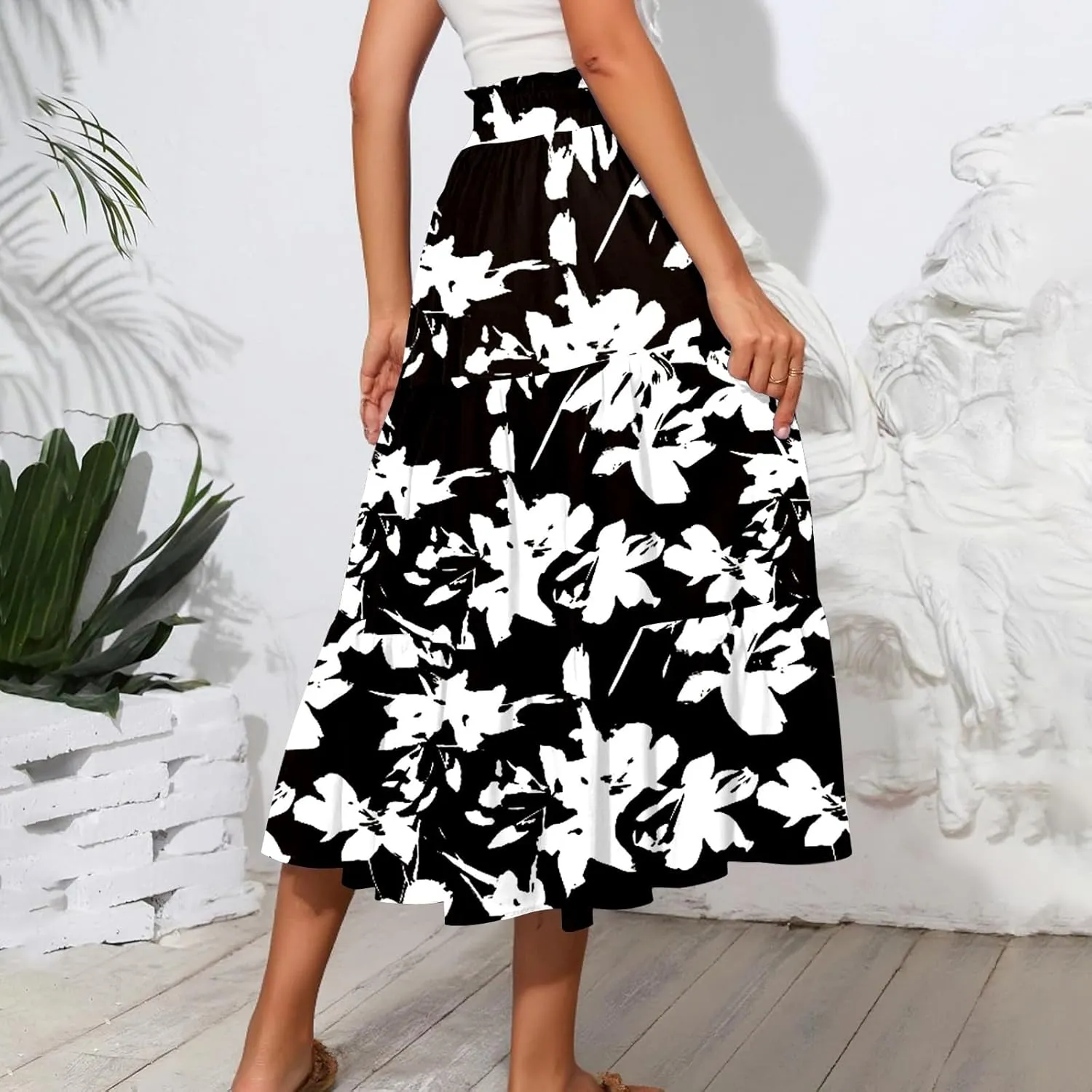 Flowy Midi Skirts for Women Trendy Summer Casual Floral High Waisted Plus Size Long Boho Work Skirt with Pockets