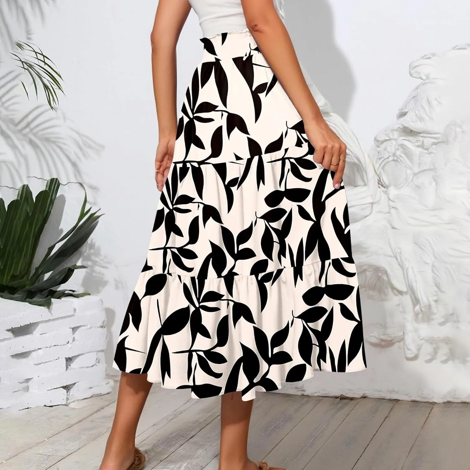 Flowy Midi Skirts for Women Trendy Summer Casual Floral High Waisted Plus Size Long Boho Work Skirt with Pockets