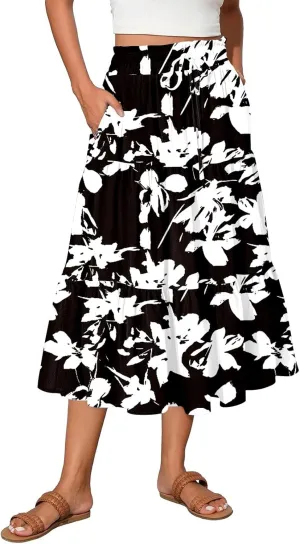 Flowy Midi Skirts for Women Trendy Summer Casual Floral High Waisted Plus Size Long Boho Work Skirt with Pockets