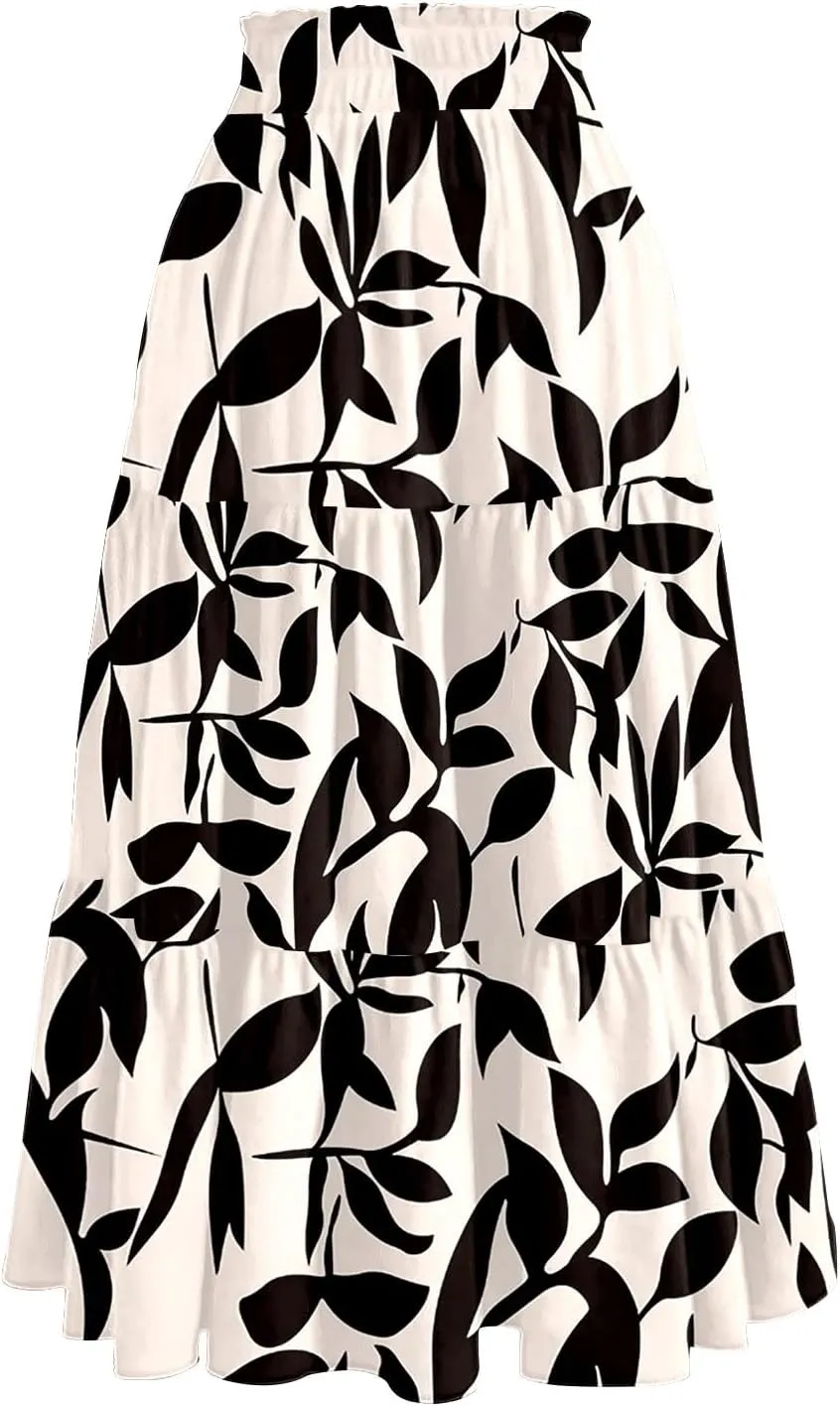 Flowy Midi Skirts for Women Trendy Summer Casual Floral High Waisted Plus Size Long Boho Work Skirt with Pockets