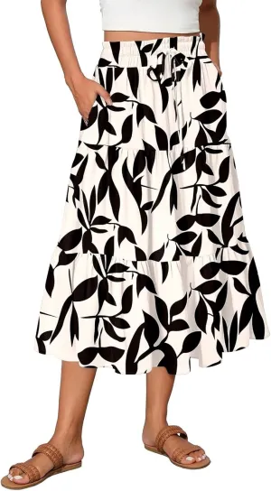 Flowy Midi Skirts for Women Trendy Summer Casual Floral High Waisted Plus Size Long Boho Work Skirt with Pockets