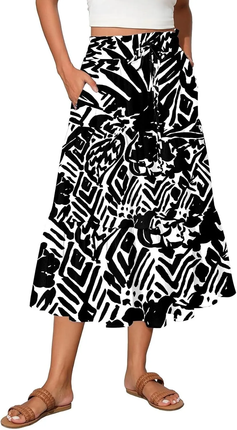 Flowy Midi Skirts for Women Trendy Summer Casual Floral High Waisted Plus Size Long Boho Work Skirt with Pockets