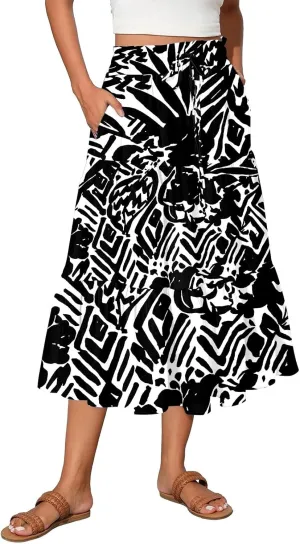Flowy Midi Skirts for Women Trendy Summer Casual Floral High Waisted Plus Size Long Boho Work Skirt with Pockets
