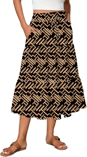 Flowy Midi Skirts for Women Trendy Summer Casual Floral High Waisted Plus Size Long Boho Work Skirt with Pockets