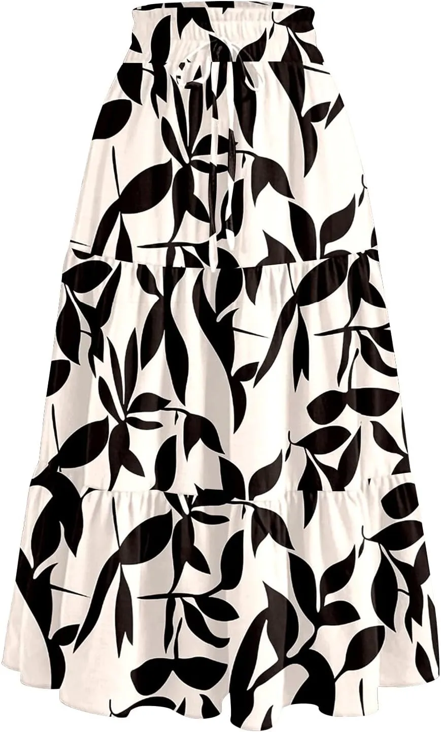 Flowy Midi Skirts for Women Trendy Summer Casual Floral High Waisted Plus Size Long Boho Work Skirt with Pockets