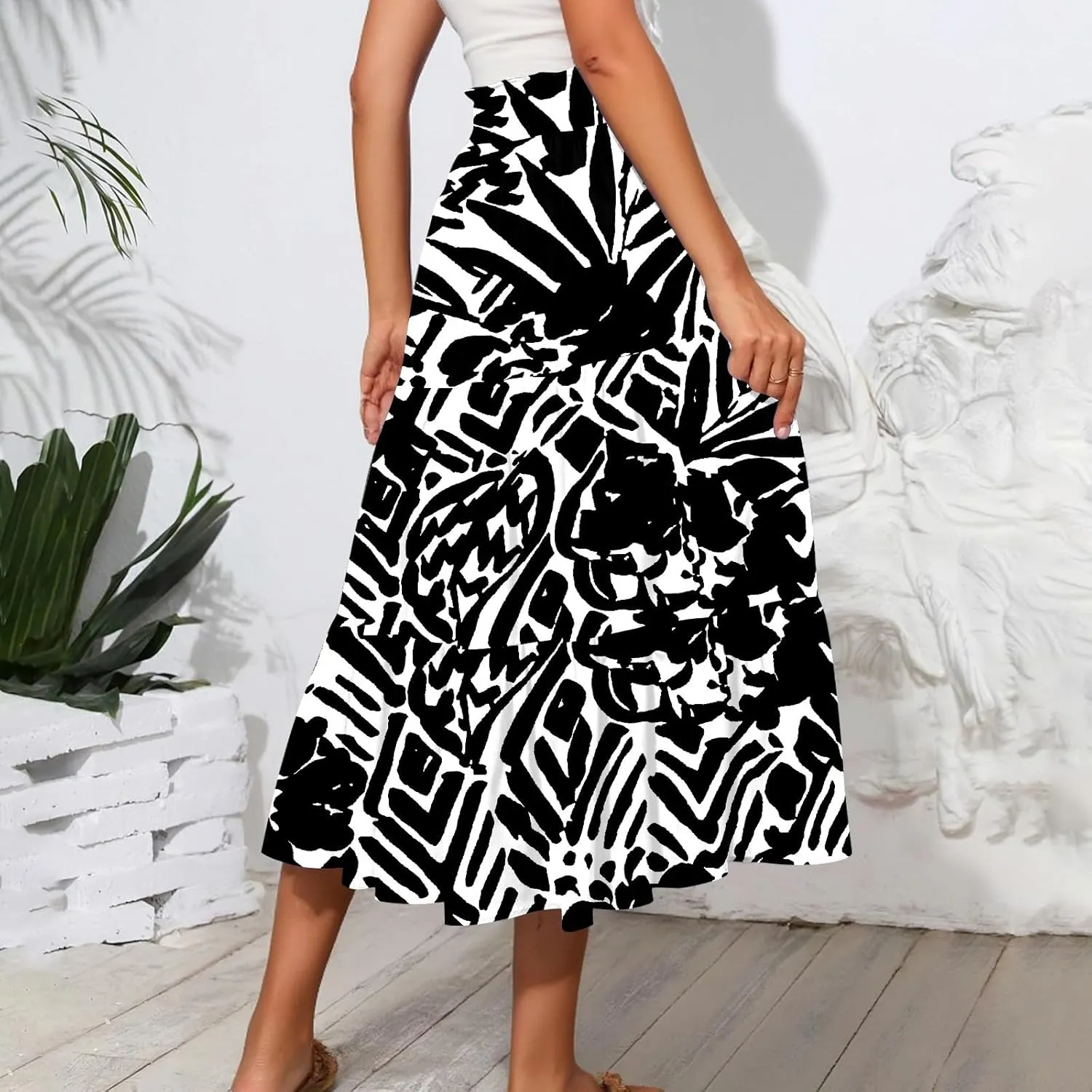 Flowy Midi Skirts for Women Trendy Summer Casual Floral High Waisted Plus Size Long Boho Work Skirt with Pockets