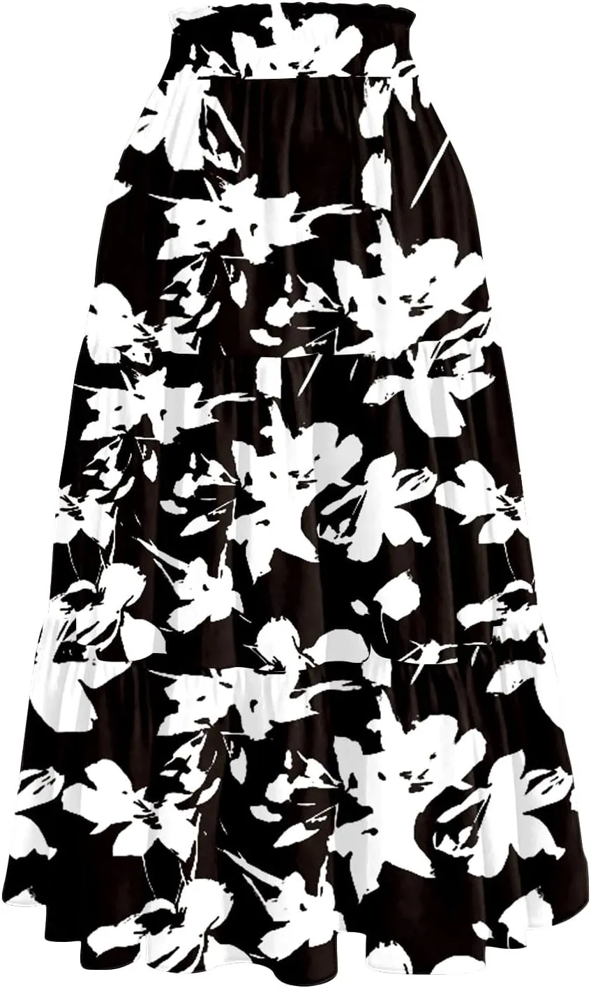 Flowy Midi Skirts for Women Trendy Summer Casual Floral High Waisted Plus Size Long Boho Work Skirt with Pockets