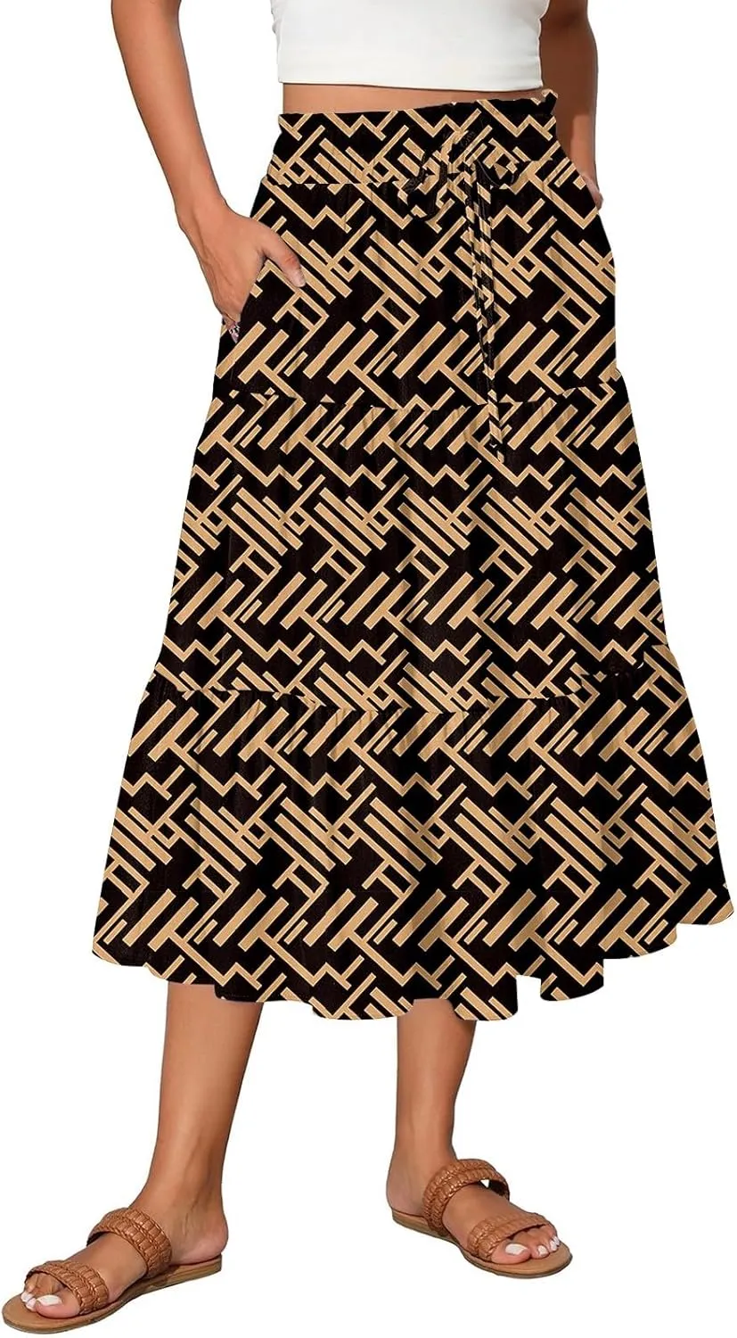 Flowy Midi Skirts for Women Trendy Summer Casual Floral High Waisted Plus Size Long Boho Work Skirt with Pockets