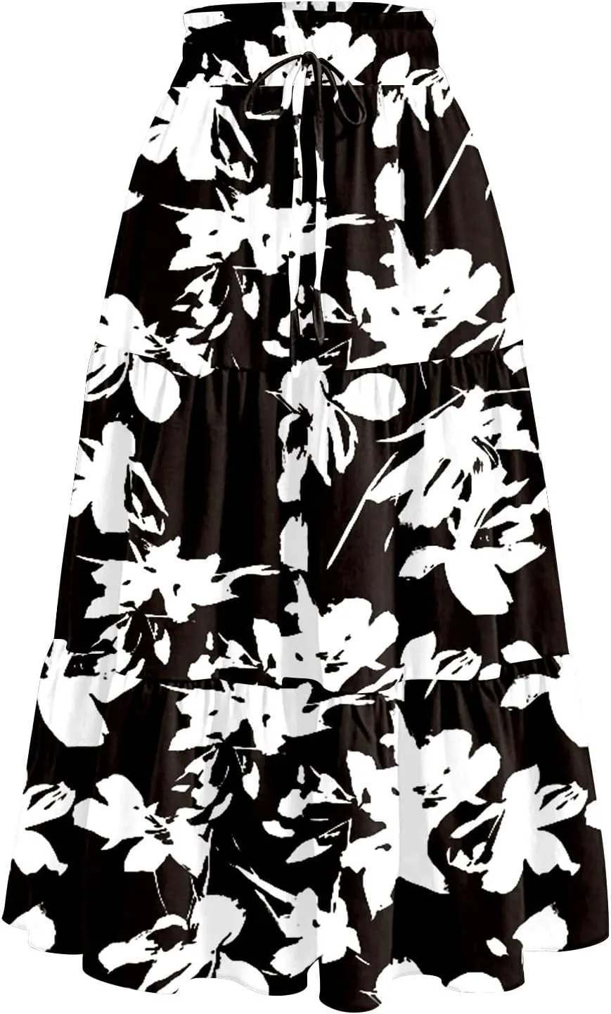 Flowy Midi Skirts for Women Trendy Summer Casual Floral High Waisted Plus Size Long Boho Work Skirt with Pockets