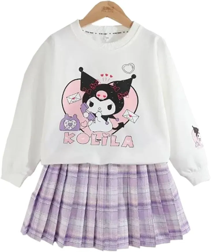 Girls 3 Piece Outfits Cartoon Crewneck Long Sleeve Pullover Sweatshirt   Plaid Pleated Mini Skirt   Bag Sets
