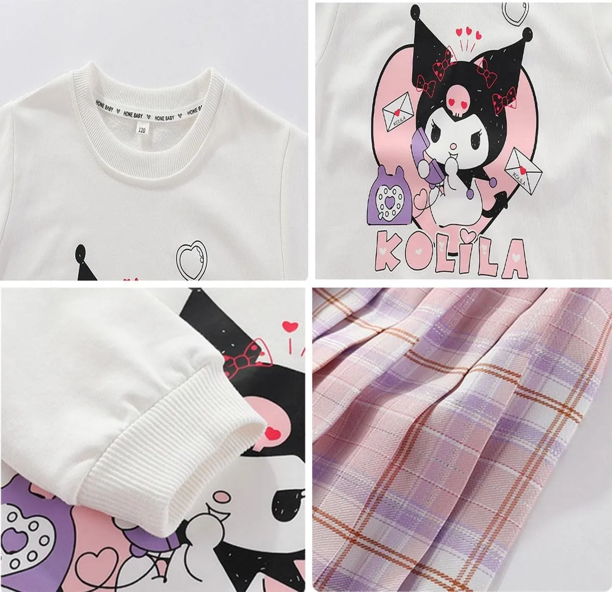 Girls 3 Piece Outfits Cartoon Crewneck Long Sleeve Pullover Sweatshirt   Plaid Pleated Mini Skirt   Bag Sets