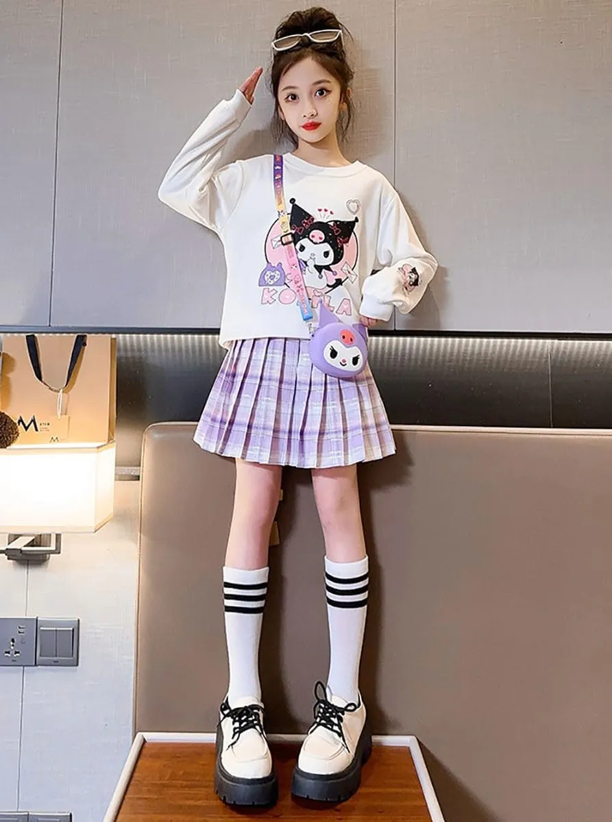 Girls 3 Piece Outfits Cartoon Crewneck Long Sleeve Pullover Sweatshirt   Plaid Pleated Mini Skirt   Bag Sets