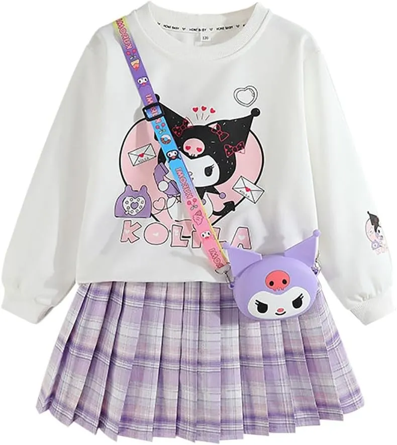 Girls 3 Piece Outfits Cartoon Crewneck Long Sleeve Pullover Sweatshirt   Plaid Pleated Mini Skirt   Bag Sets