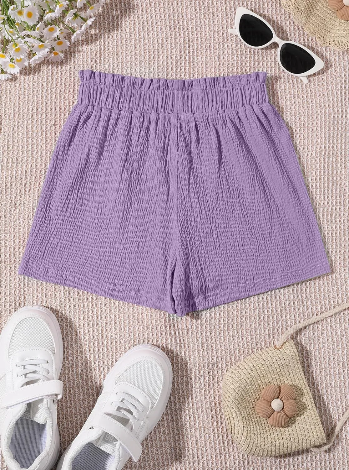 Girls' Casual Ruffled Paperbag Waist Shorts Elastic Summer Wide Leg Shorts