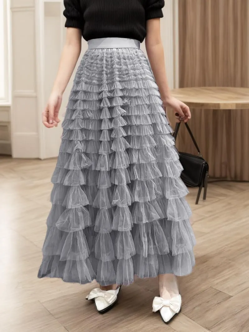 GOLDSTITCH Tulle Skirts for Women Long Fairy Skirt Tutu A-Line Mesh Layered High Elastic Waist Skirts