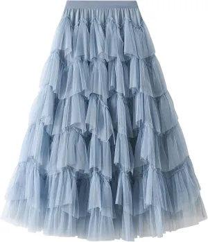 GOLDSTITCH Tulle Skirts for Women Long Fairy Skirt Tutu A-Line Mesh Layered High Elastic Waist Skirts