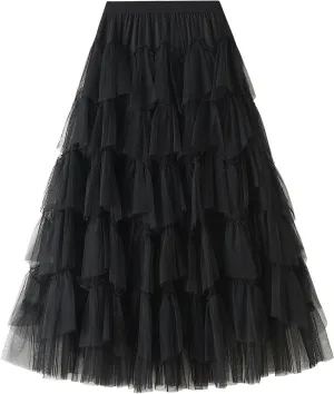 GOLDSTITCH Tulle Skirts for Women Long Fairy Skirt Tutu A-Line Mesh Layered High Elastic Waist Skirts